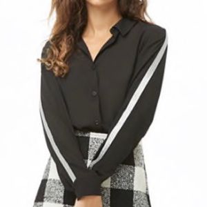 Black Metallic Silver Trim Chiffon Blouse